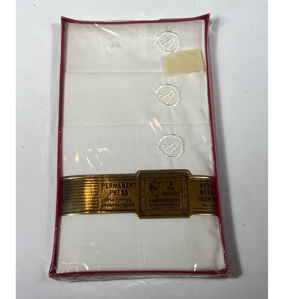 Vintage Sealpackerchief Permanent‎ Press "A" Handkerchiefs 3 Fine Quality White